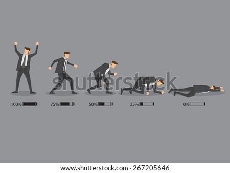 Series of a business executive in suit with battery indicator to show his energy level, from fully charged to drained and exhausted. Conceptual vector cartoon illustration isolated on grey background.