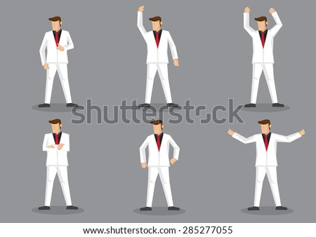 Set of six vector cartoon illustration of flamboyant man in stylish white suit and red necktie posing in various gestures isolated on grey background.