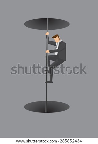 Cartoon business executive sliding on fireman's pole down into black hole. Creative vector illustration on concept for fast transition isolated on grey background.