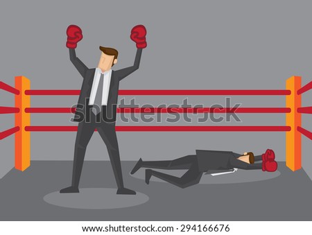 Business executive wearing boxing gloves standing in boxing ring as winner and defeated opponent lying flat on floor. Creative vector cartoon illustration isolated on grey background.