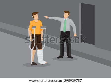 Unsympathetic employer pointing away and laying off injured employee with leg in plaster cast. Conceptual vector illustration for social issues like discrimination and prejudice.