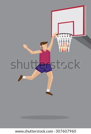 Basketball player leaps into the air for a slam dunk shot. Vector cartoon illustration on basketball sport theme isolated on grey background.