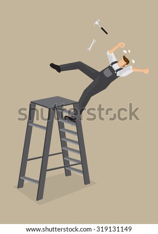 Blue-collar worker loses balance and falls backward from ladder with tools flying off. Vector cartoon illustration on work accident concept isolated on plain background. 