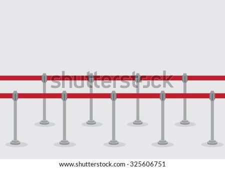 Vector illustration of two rows of queue poles and retractable belt barriers for crowd control and queuing lines isolated on grey background.