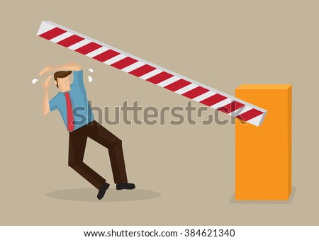 Cartoon man knocked off balance by automated bar barrier at boom gate. Vector illustration on concept for unexpected hazards and personal accidents isolated on plain background.