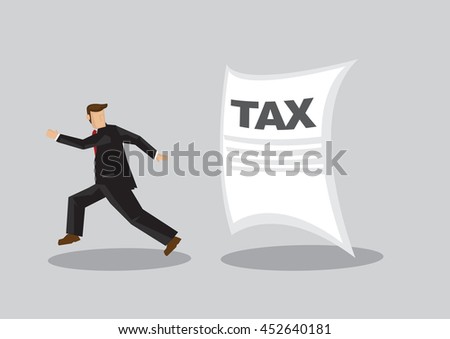 Cartoon businessman running away from Tax notice chasing behind him. Creative vector illustration on concept of tax evasion by businesses isolated on grey background.