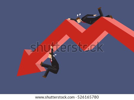 Two cartoon businessmen struggling to hang on a red bold arrow depicting a downward trend. Creative vector illustration on metaphor for working hard in poor performing business. 