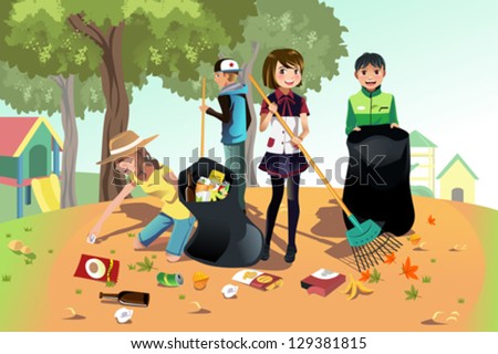 A Vector Illustration Of Kids Volunteering By Cleaning Up The Park ...