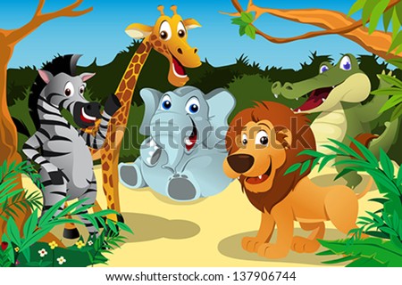 A vector illustration of a group of wild African animals in the jungle
