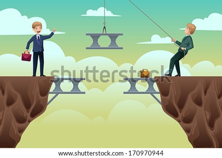 A vector illustration of business concept of two businessmen trying to build a bridge in between cliffs