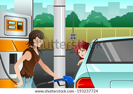 A vector illustration of a young woman  filling up gasoline at the gas station