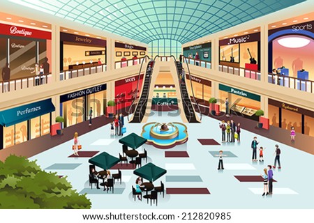 A vector illustration of scene inside shopping mall