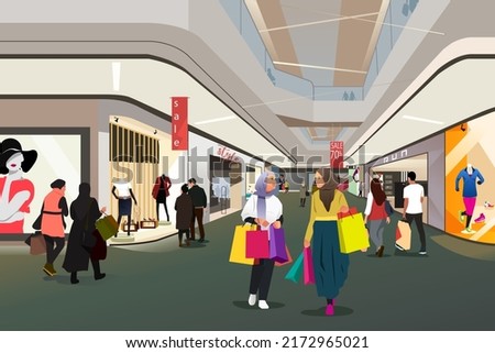 A vector illustration of Muslim People Shopping in a Mall