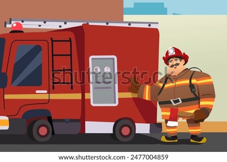 A vector illustration of Firefighter in Front of Firetruck