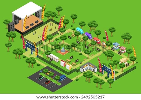 A vector illustration of Concert Music Festival Summer Isometric Map in a Park 