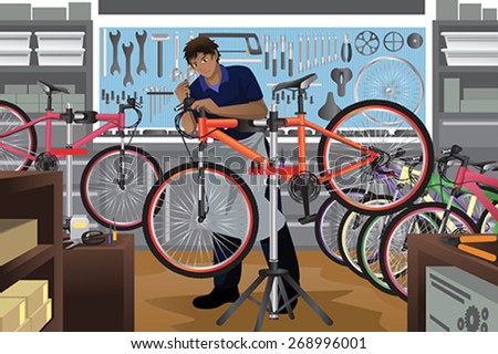 A vector illustration of bike repairman repairing a bicycle in his shop