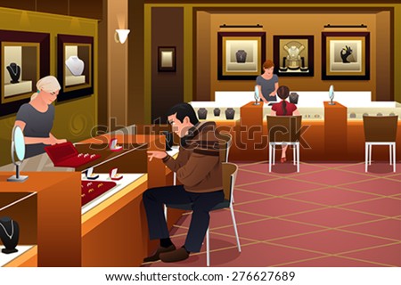 A vector illustration of man shopping for a wedding ring in a jewelry store