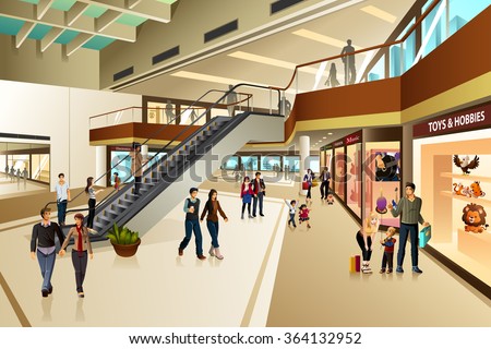 A vector illustration of scene inside shopping mall