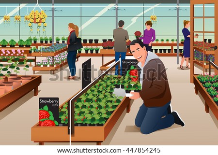 A vector illustration of man buying strawberry plant in a gardening centre