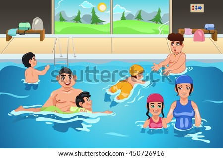 A vector illustration of kids having a swimming lesson in indoor pool