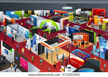 A vector illustration of people looking at an exhibition booths