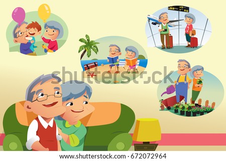 A vector illustration of Senior Couple Thinking About Retirement Activities