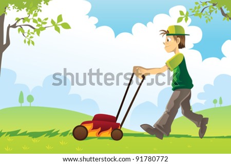 A vector illustration of a man mowing the lawn