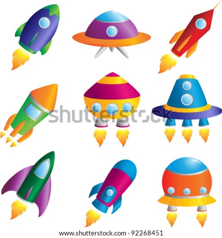A vector illustration of a collection of colorful rockets icons