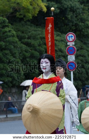 KYOTO, JAPAN - OCT 22: Unidentified participants at The Jidai Matsuri(historical parade) held on October 22(rainy day), 2014 in Kyoto, Japan. It is one of Kyoto's renowned three great festivals.