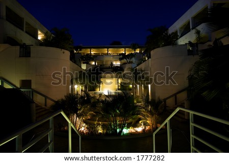 The courtyard of a Barbados hotel all lit up for nightlife!