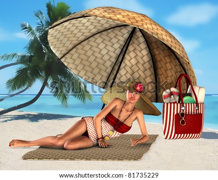 woman lay down on a tropical beach under umbrella