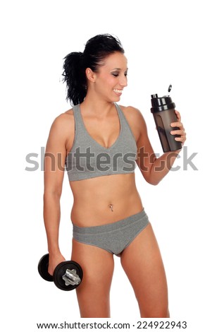Woman after her training, drinking protein shake isolated on a white background