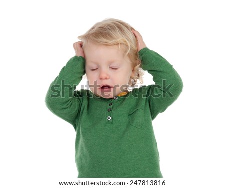 Adorable blond baby worried isolated on a white background