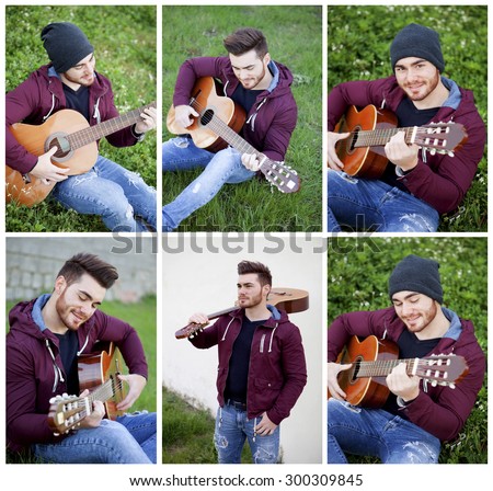 Sequence of photos. Cool boy playing the guitar in the park