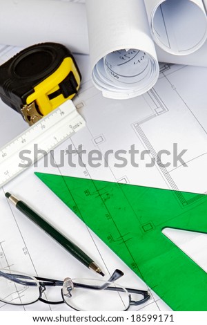 Study architecture. Tools, drawings, ruler, pen, square ...