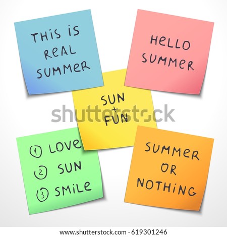 Summer design elements. Set of different color paper stickers with handwritten funny slogans.
 Vector illustration