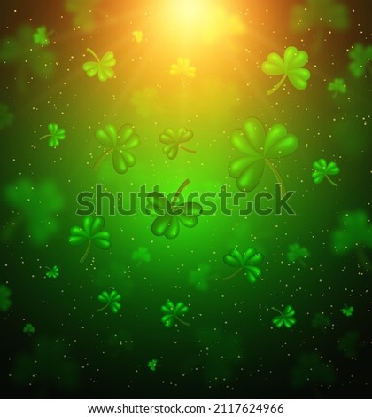 Vector illustration shining background with green clovers and sunlight beams for St Patricks day design