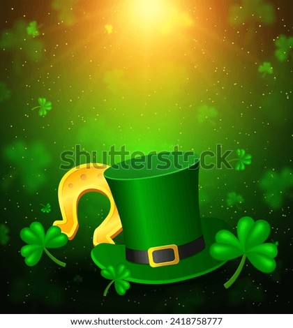 Vector illustration shining background with green clovers, horseshoe, Leprechaun Top Hat and sunlight beams for St Patricks day design