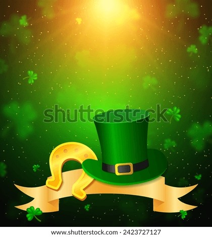 Vector illustration shining background with green clovers, golden ribbon, horseshoe, Leprechaun Top Hat and sunlight beams for St Patricks day design