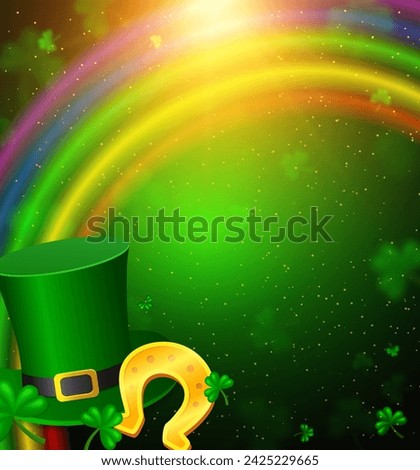 Vector illustration shining background with green clovers, horseshoe, rainbow, Leprechaun Top Hat and sunlight beams for St Patricks day design