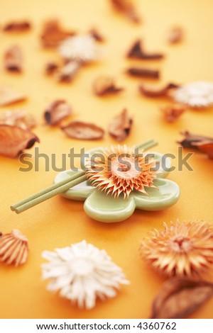Incense sticks on the orange table with dried flowers