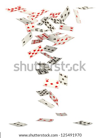 Playing cards falling down on white background