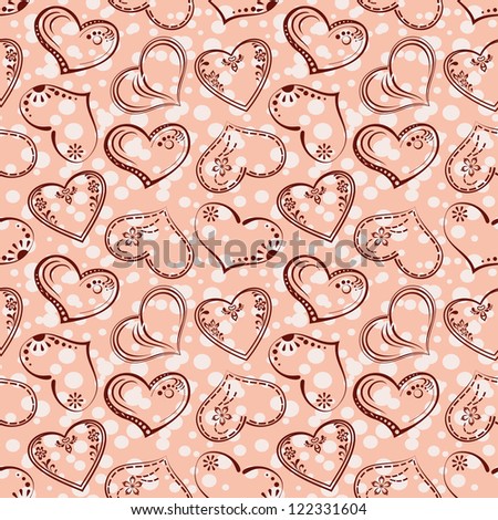 Valentine holiday seamless pattern with pictogram hearts on pink background and confetti. Vector