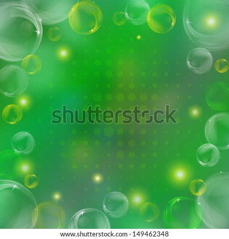 Abstract green background, transparent bubbles and stars