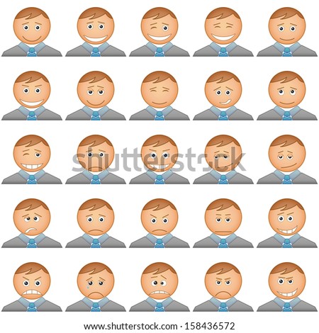 Smilies business change in suits and ties, symbolising various human emotions, set. Vector