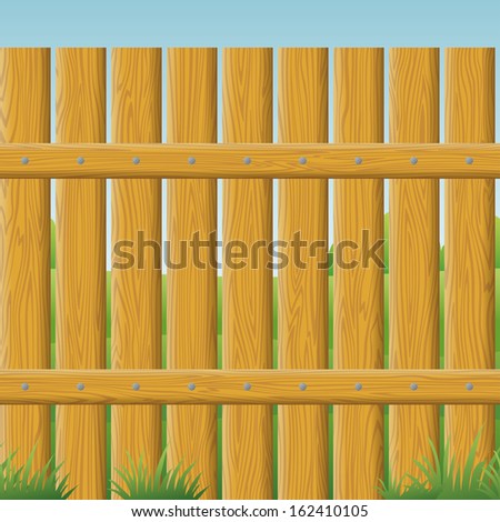 Natural wooden fence wall and landscape behind it, seamless background.
