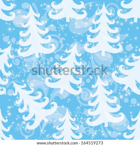 Christmas seamless background for holiday design with fir trees, stars and patterns on blue sky. , contains transparencies.
