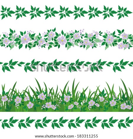 Floral seamless background with green grass, leaves and abstract lilac flowers, isolated on white