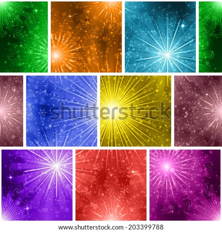 Seamless holiday background with fireworks of various colors and shapes. Pattern for web design, split into separate parts. Eps10, contains transparencies. Vector