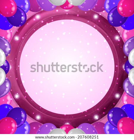 Holiday abstract background for web design with colorful balloons frame and round lilac window on pink wall. Eps10, contains transparencies. Vector